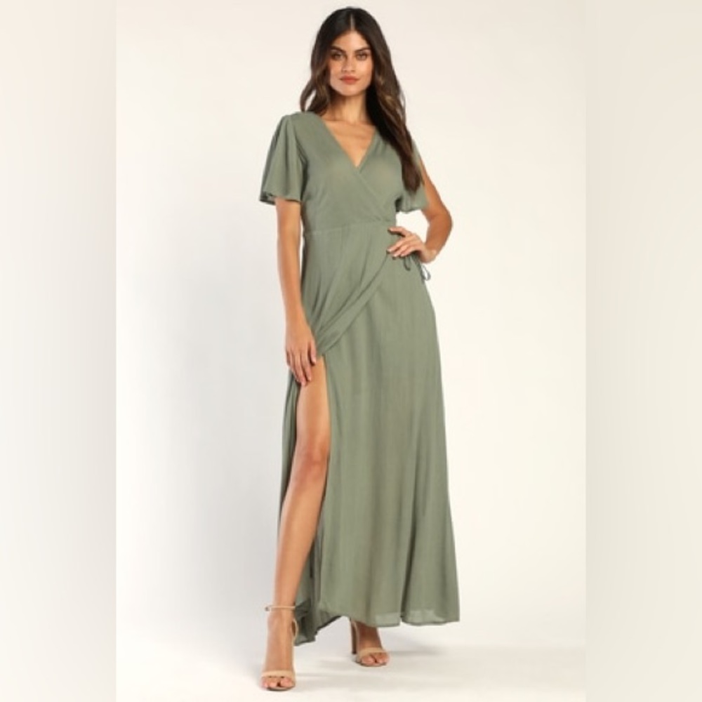 Lulu’s Much Obliged Washed Olive Green Wrap Maxi Dress Women’s XL